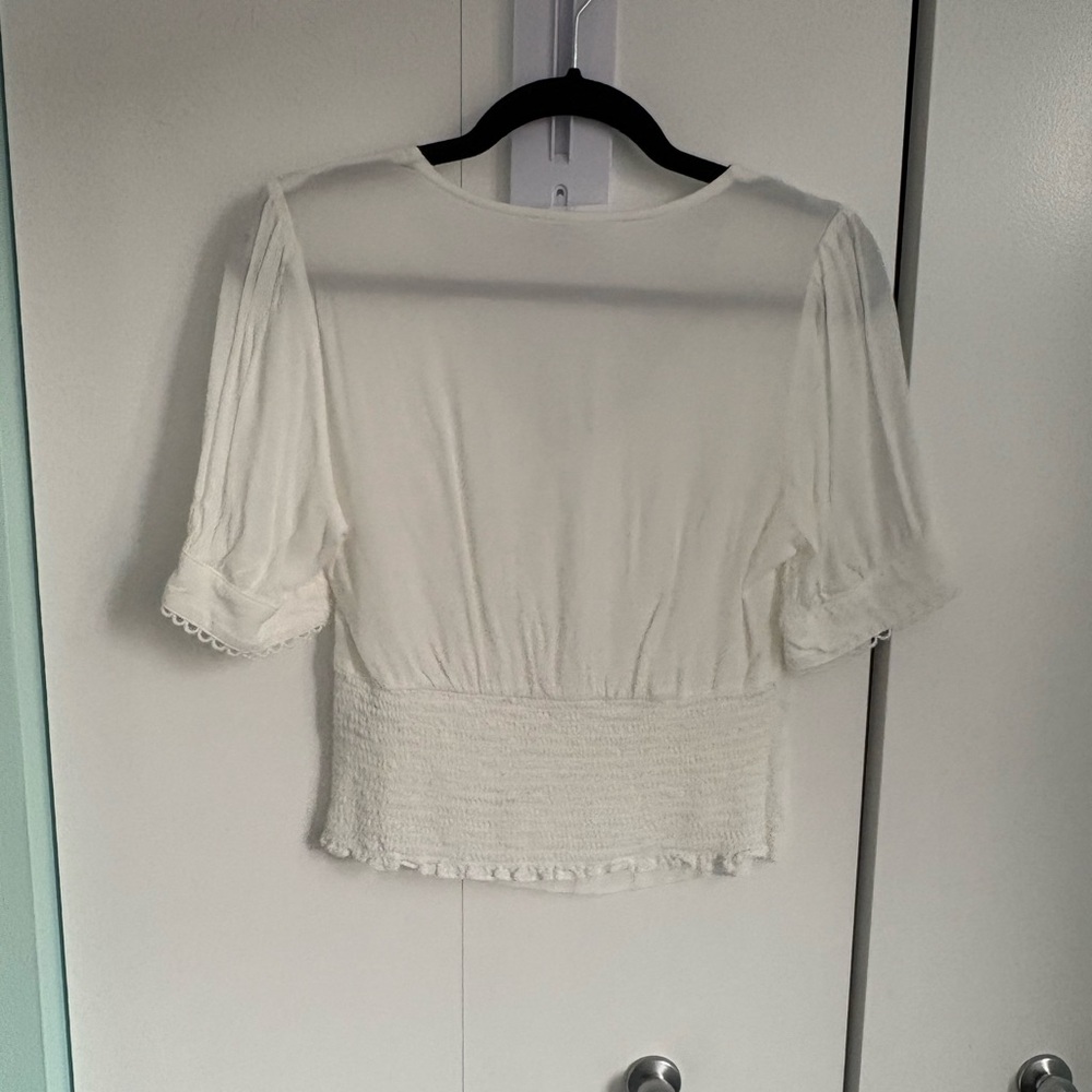 Elodie Cream V-Neck Lace-Trim Short Sleeve Blouse - Picture 2 of 7